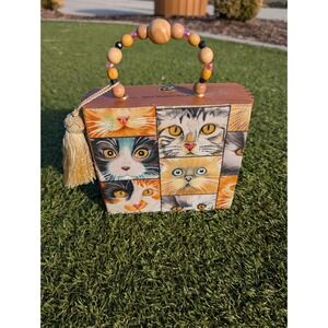 Vintage Ashton Cigar Box Purse Cat Handbag Beaded Handle Tassel Upcycled